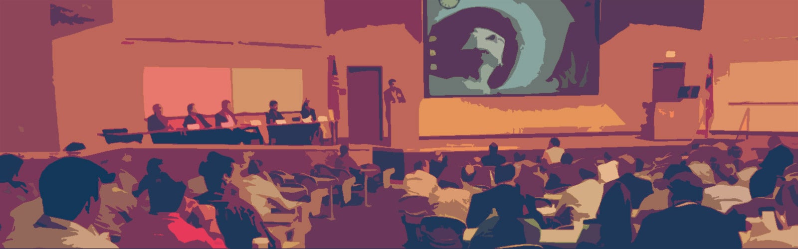 stylized picture of meeting simplified to shapes orange and blue themed